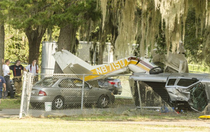 The side of a crashed Cessna&nbsp;172F Skyhawk is seen Saturday afternoon on Flavet Field.