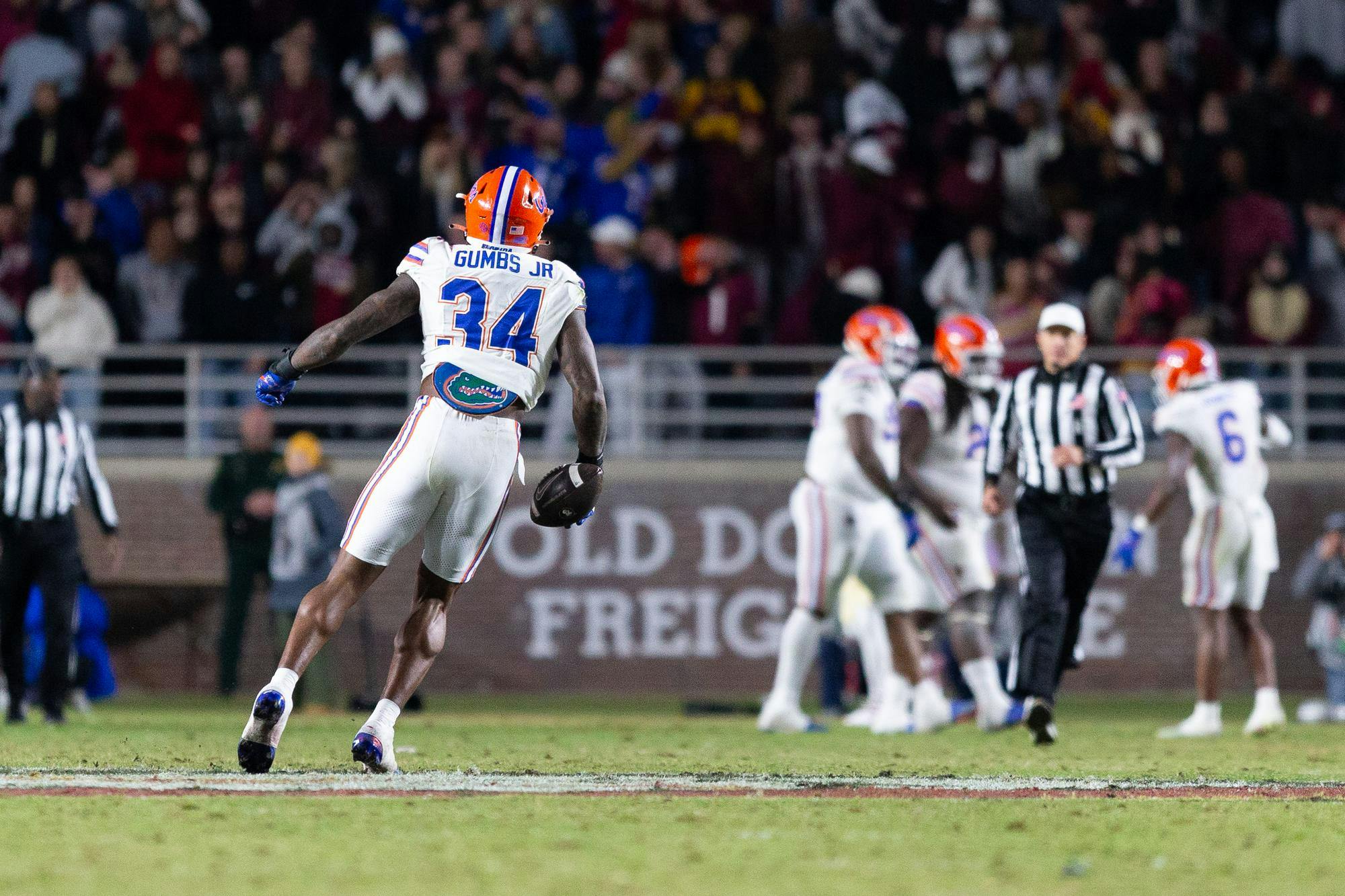Florida Gators edge George Gumbs Jr. (34) celebrates a stop during the second half of the team’s game against the Flordia State Seminoles at Doak S. Campbell Stadium on Saturday, Nov. 30, 2024.