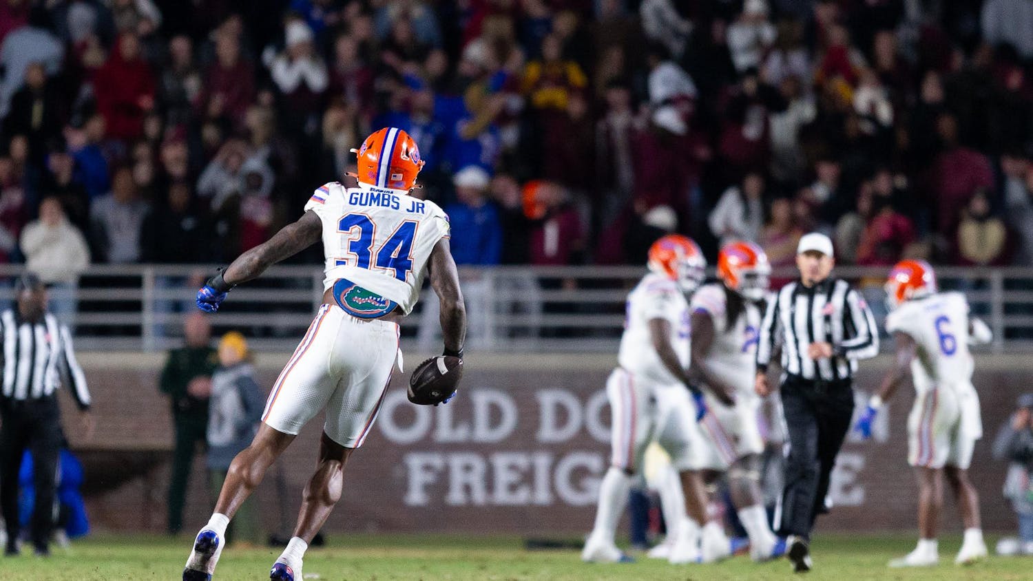 Florida Gators edge George Gumbs Jr. (34) celebrates a stop during the second half of the team’s game against the Flordia State Seminoles at Doak S. Campbell Stadium on Saturday, Nov. 30, 2024.