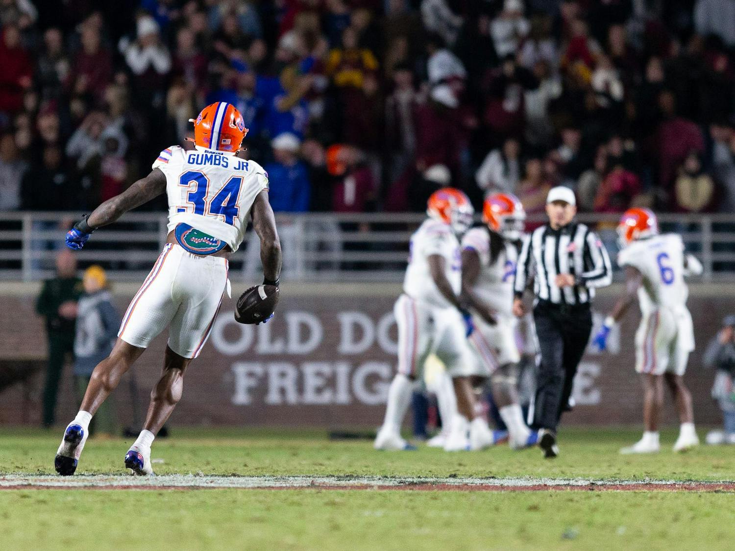 Florida Gators edge George Gumbs Jr. (34) celebrates a stop during the second half of the team’s game against the Flordia State Seminoles at Doak S. Campbell Stadium on Saturday, Nov. 30, 2024.