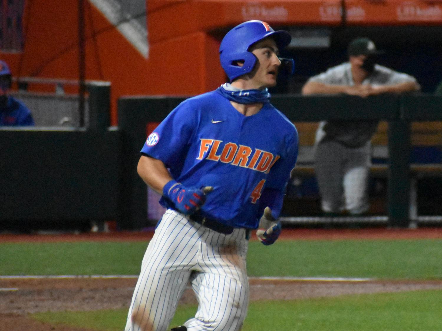 Jud Fabian rounds second base in a game against Jacksonville. March 2021. He passed Mike Zunino for fifth all-time in home runs during his career at UF on Tuesday against Stetson.