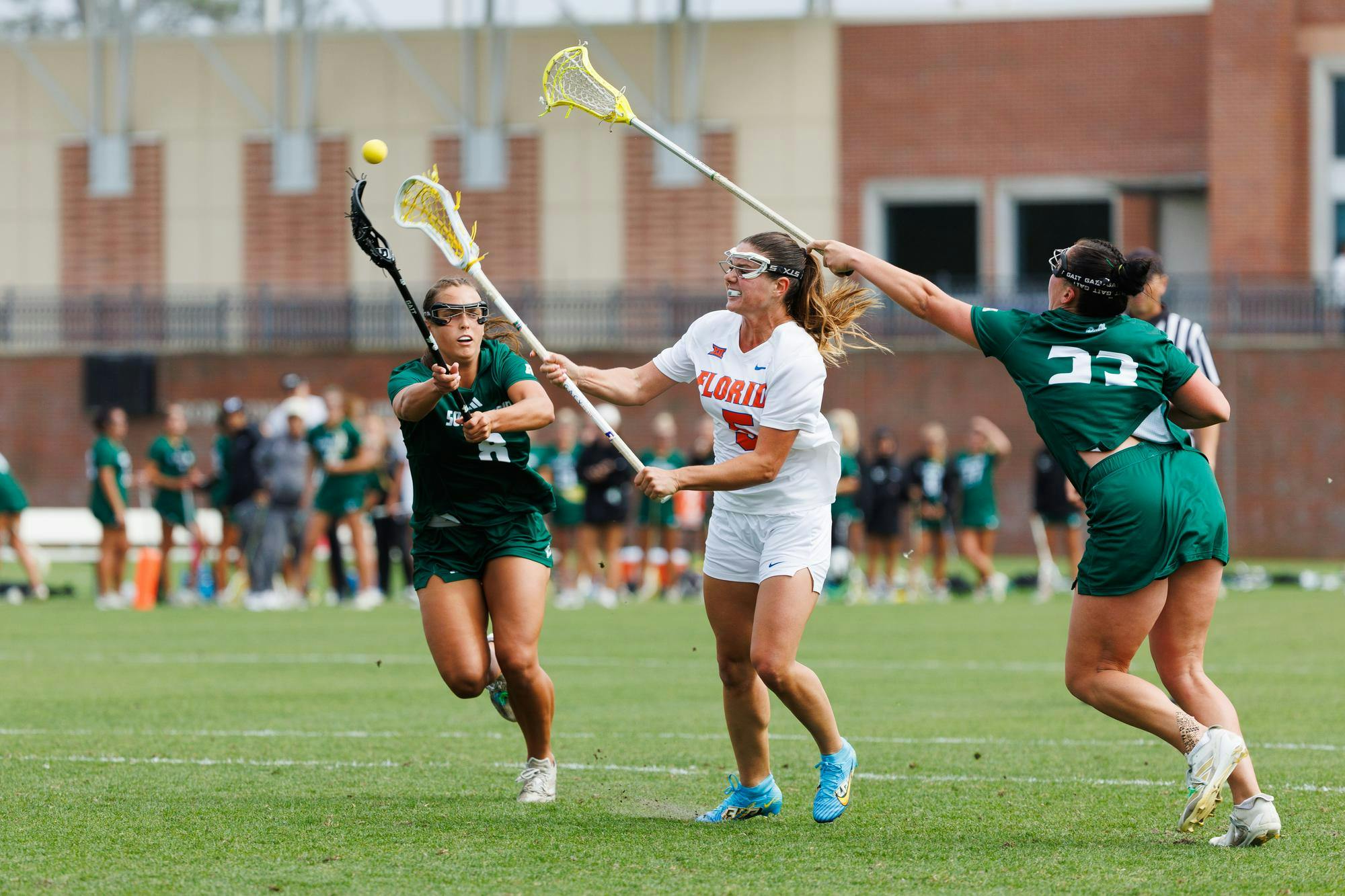 Florida midfielder Kaitlyn Davies (5) takes a penalty shot during an NCAA Lacrosse game against South Florida, Wednesday, April 8, 2026, in Gainesville, Fla.