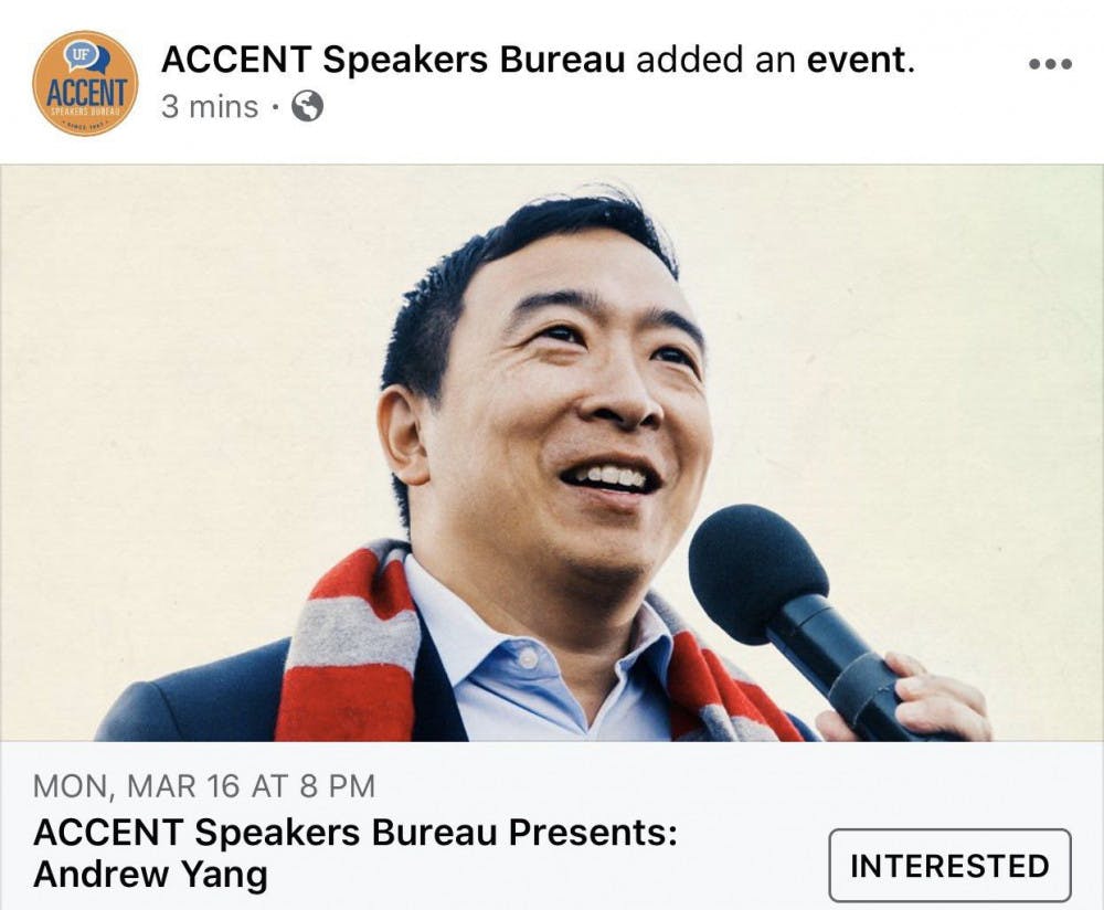 The Accent Speakers Bureau announced Monday that Andrew Yang will speak at UF March 16.&nbsp;