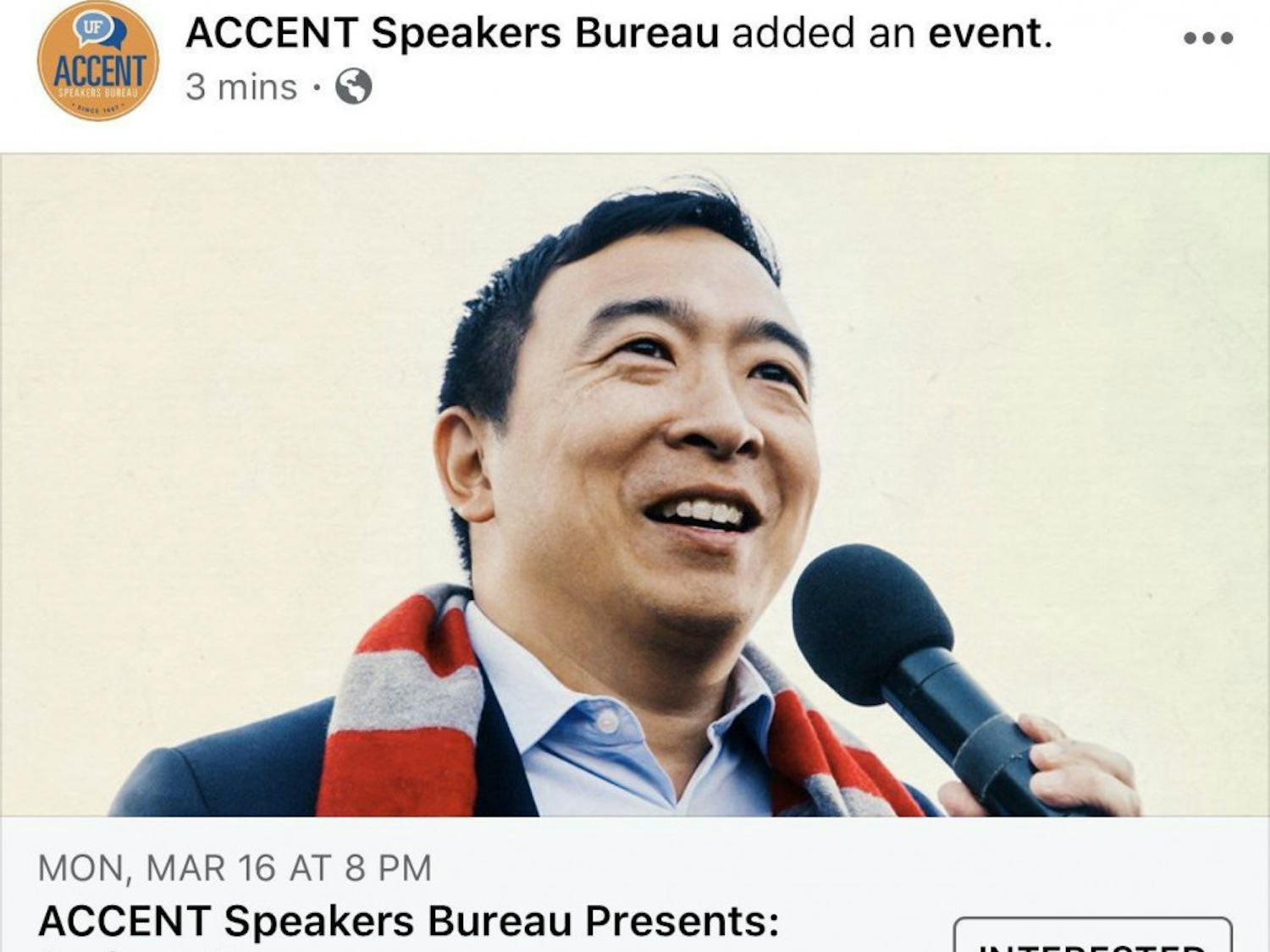 The Accent Speakers Bureau announced Monday that Andrew Yang will speak at UF March 16.&nbsp;