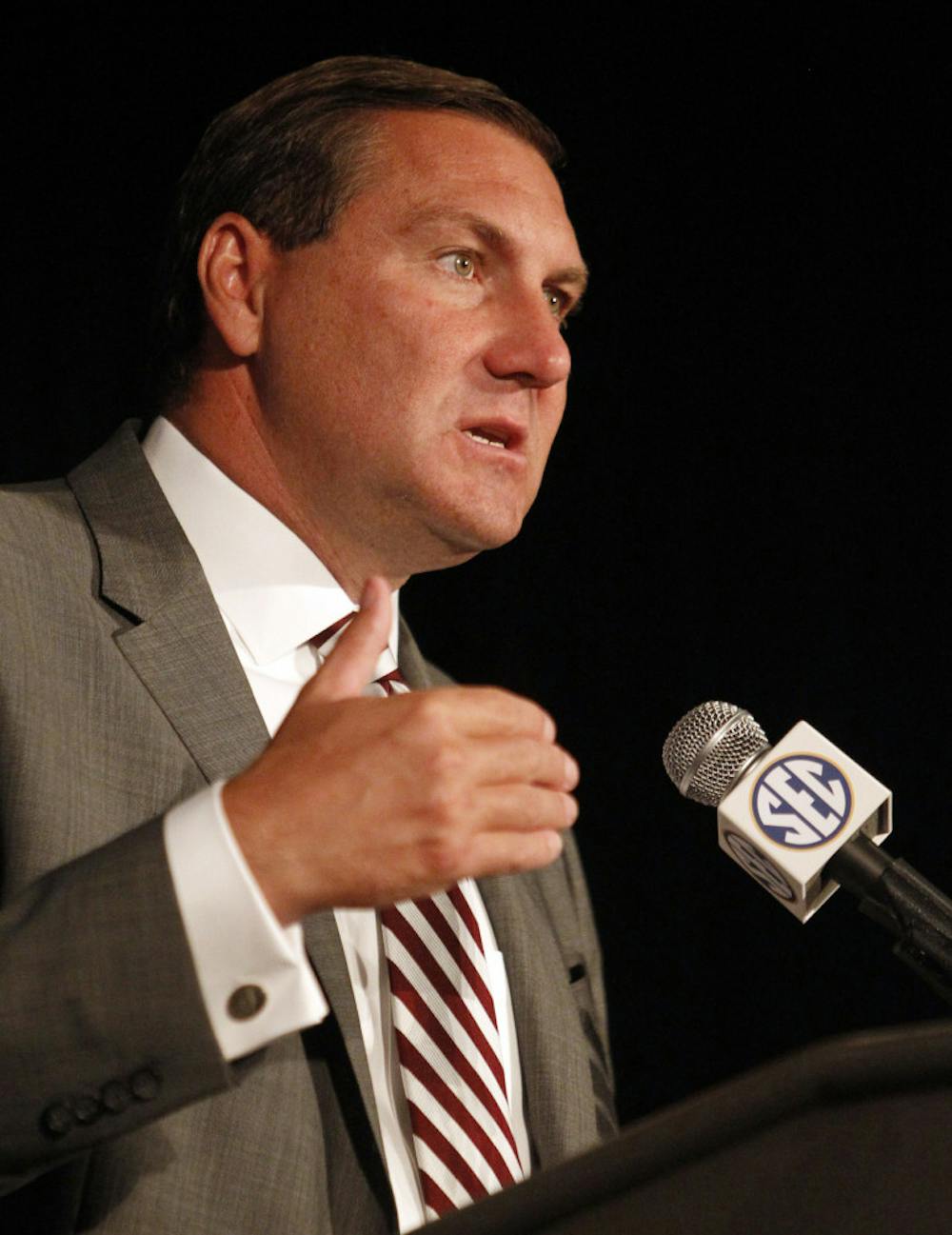<p>Mississippi State coach Dan Mullen speaks to media at the Southeastern Conference NCAA college football media days on Tuesday in Hoover, Ala.</p>