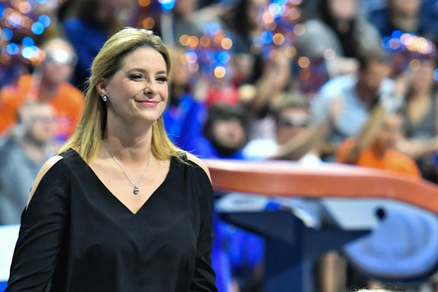 UF head coach Jenny Rowland smiles during Florida's win against Georgia on Feb. 10, 2017, in the O'Connell Center.&nbsp;