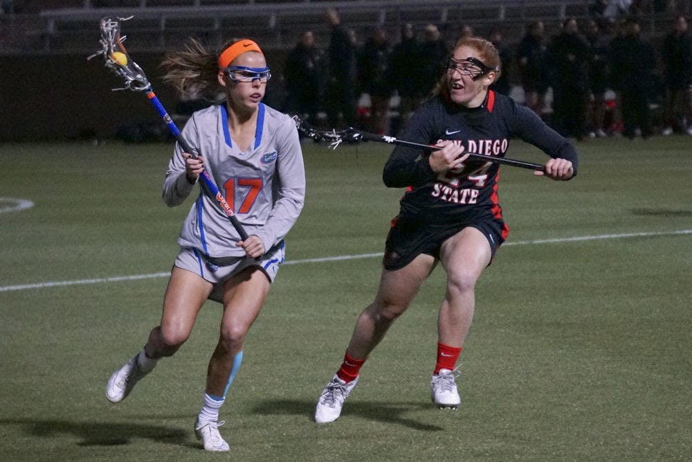 Mollie Stevens (17) runs toward the net during Florida's win against San Diego State last season at Donald R. Dizney Stadium.