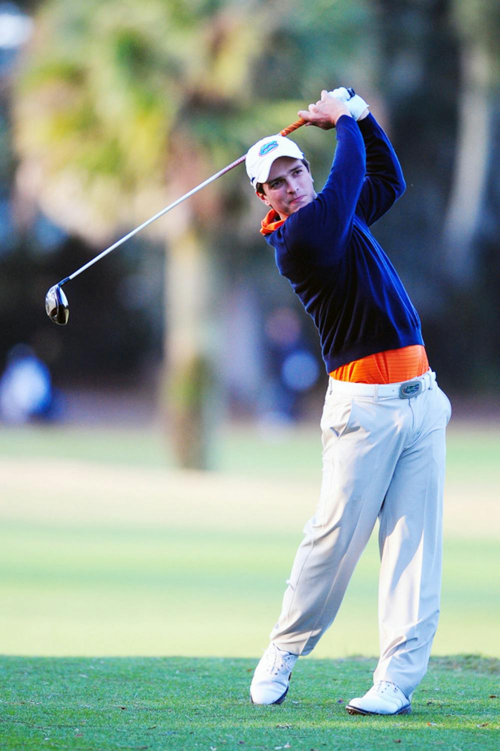 <p>Santiago Gavino hits the ball during the SunTrust Gator Invitational on Saturday at the Mark Bostick Golf Course. Gavino totaled a score of 232 (+16) as an individual competitor at the Chris Schenkel Invitational last weekend. </p>