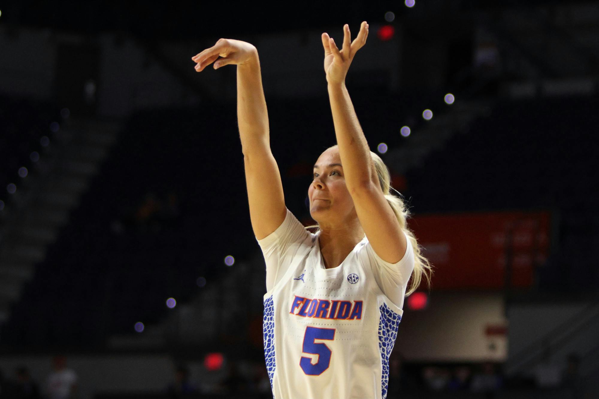 Junior guard Alberte Rimdal attempts a jump shot in the Gators' 79-75 loss to the Florida State Seminoles on Friday, Nov. 17, 2023.