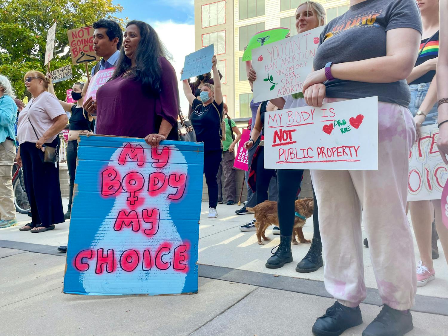 More than 100 protesters stand outside a downtown Gainesville courthouse on Tuesday, May 3, 2022. They gathered to support abortion rights after reports the Supreme Court would overturn Roe v. Wade.