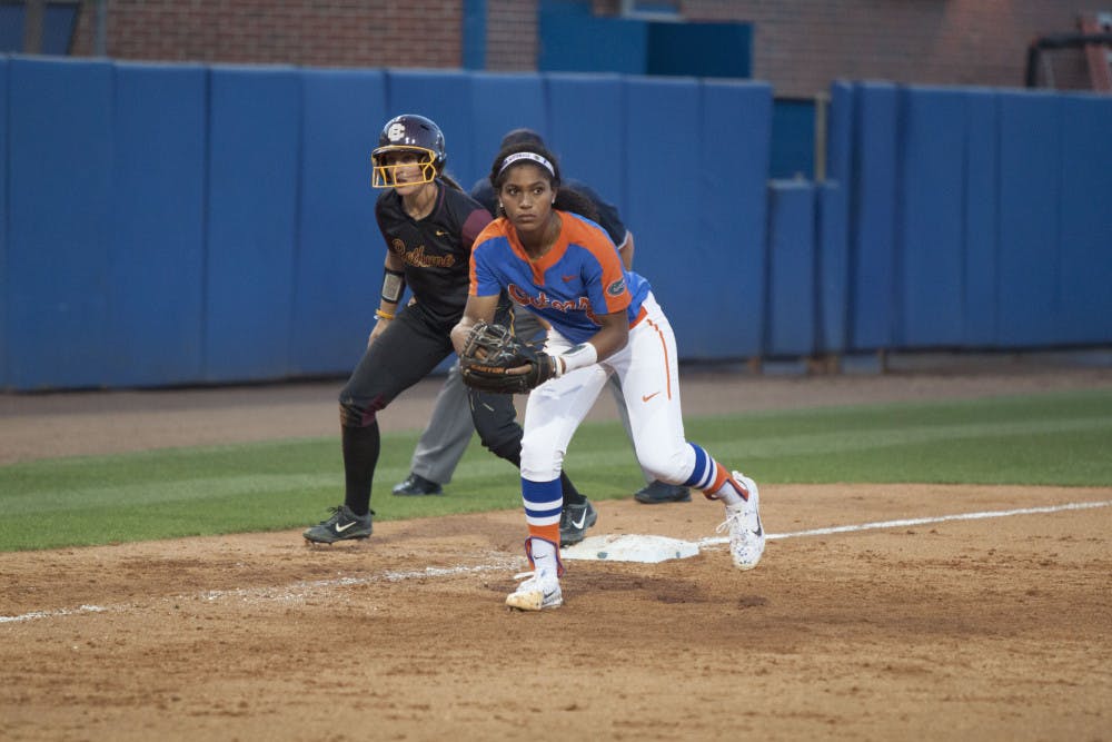 <p>Aleshia Ocasio crouches on defense during Florida's 15-7 win over Bethune-Cookman on March 29, 2017, at Katie Seashole Pressly Stadium.</p>
