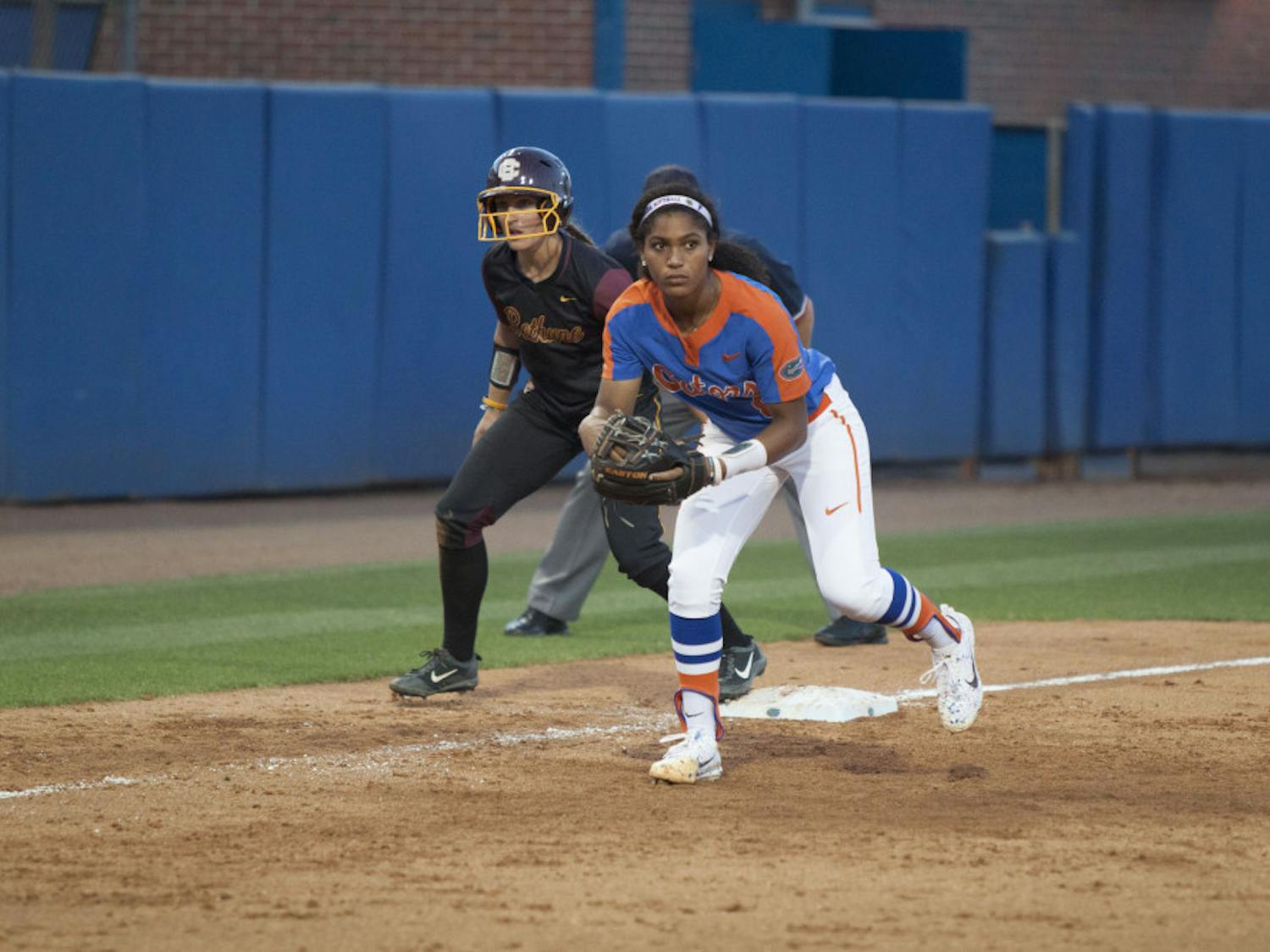 Aleshia Ocasio crouches on defense during Florida's 15-7 win over Bethune-Cookman on March 29, 2017, at Katie Seashole Pressly Stadium.