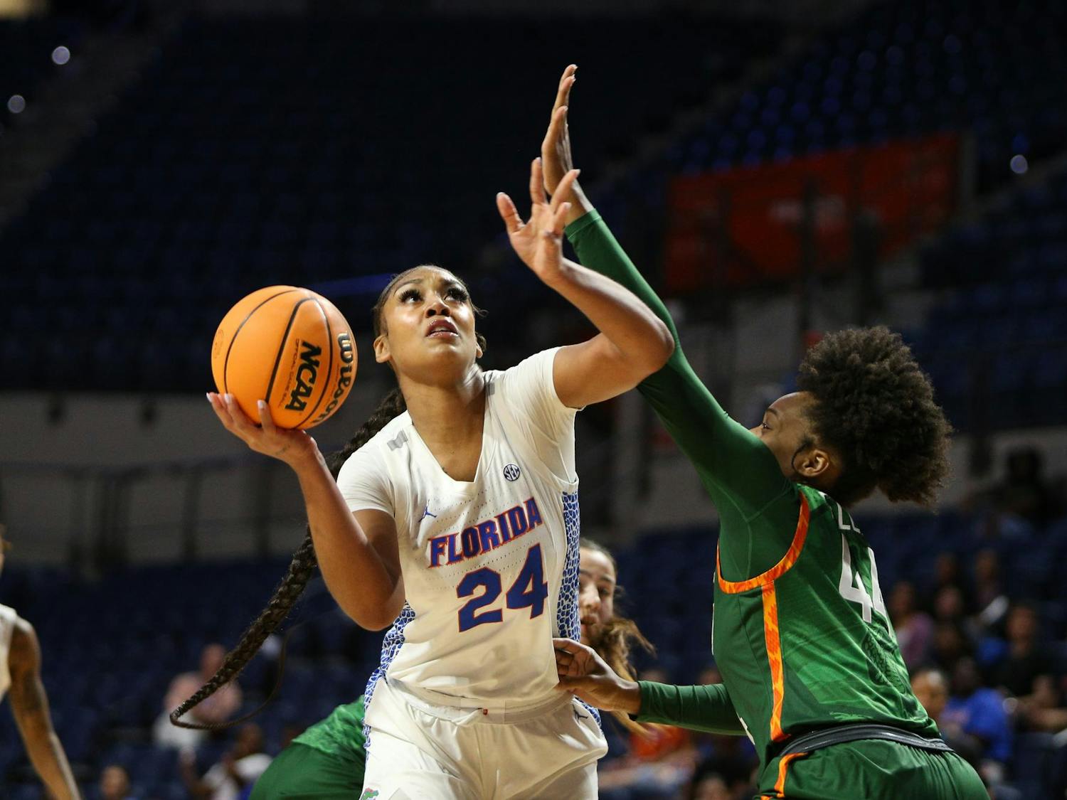 Florida Gators Center Ra Shaya Kyle (24) drives in for a layup against the FAMU Rattlers during the First half at Billy Donavan Court at Stephen C. O'Connell Center on Thursday, November 07, 2024.