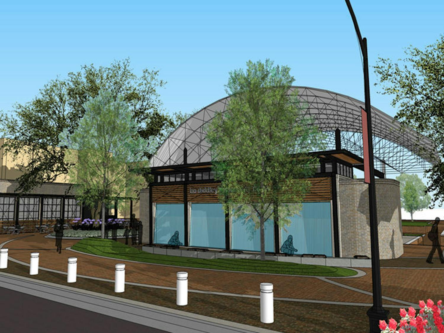 Above is a rendering of the Bo Diddley Community Plaza’s planned renovation, which will include a new cafe, information kiosk, green room and water wall feature. It will close for renovations in March. 
