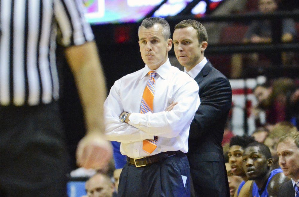 <p>Billy Donovan looks down the court during Florida's 65-63 loss to Florida State on Dec. 30 in Tallahassee.</p>