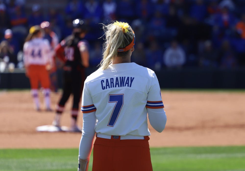 <p>Jade Caraway stands in the outfield during the Gators' series versus the Louisiana Ragin' Cajuns last season. </p>
