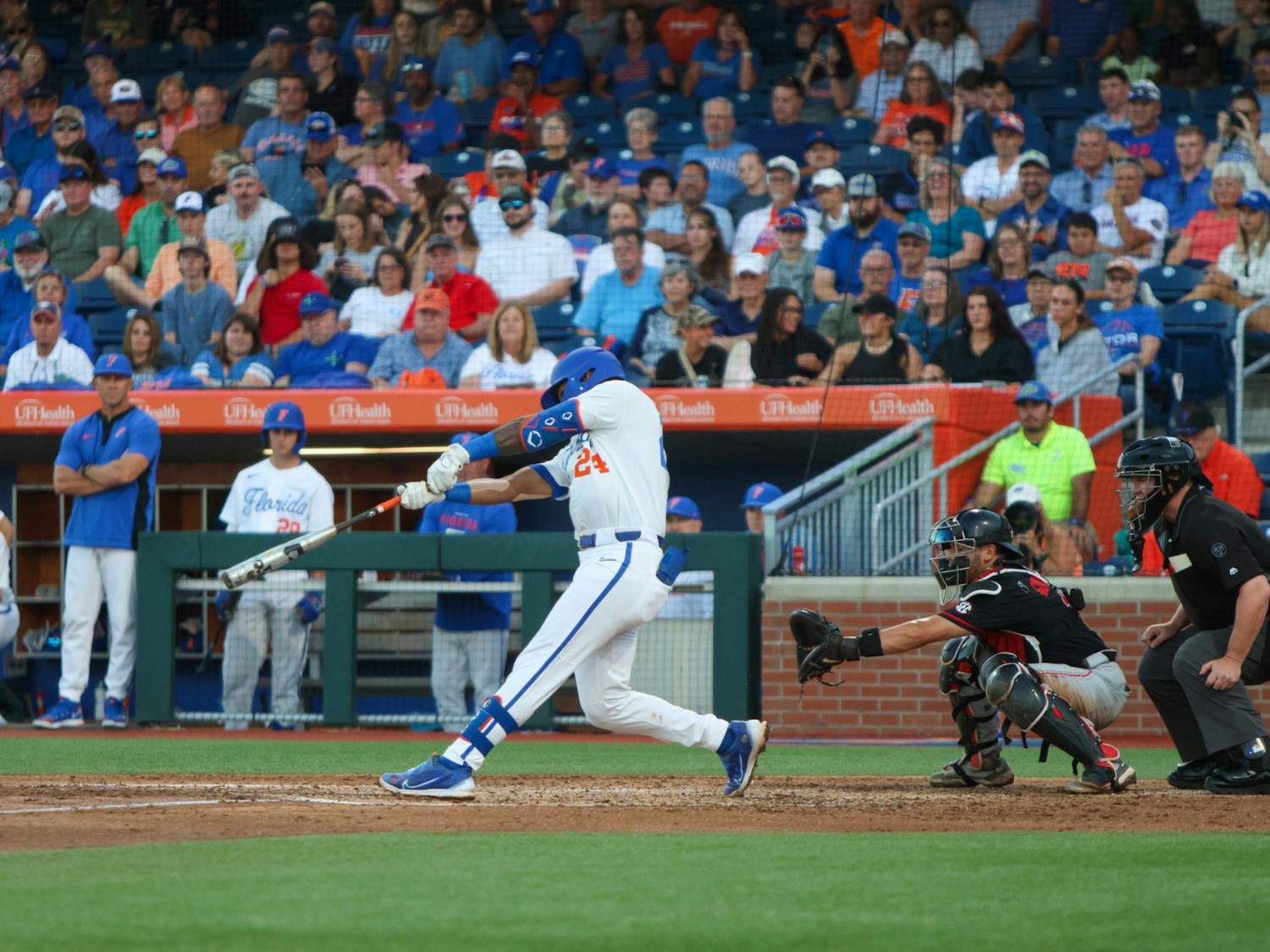 Florida shortstop Josh Rivera swings his bat during the Gators' 13-11 loss to the Georgia Bulldogs Friday, April 14, 2023.