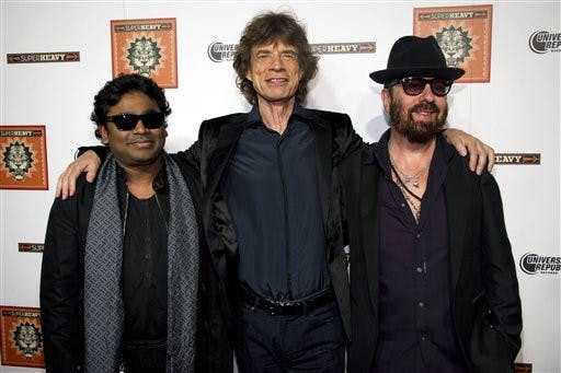 Bollywood composer A.R. Rahman
(left) poses with Mick Jagger and Dave Stewart at a release party
for the debut album of their supergroup, SuperHeavy. Rahman
produced the recently released and well-praised soundtrack for the
film “Rockstar.”