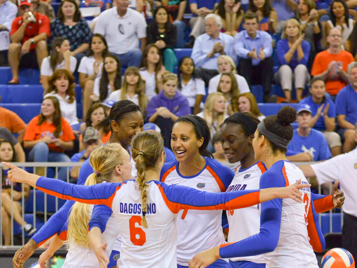 UF volleyball celebrates a point during Florida's 3-0 win against Texas A&M.