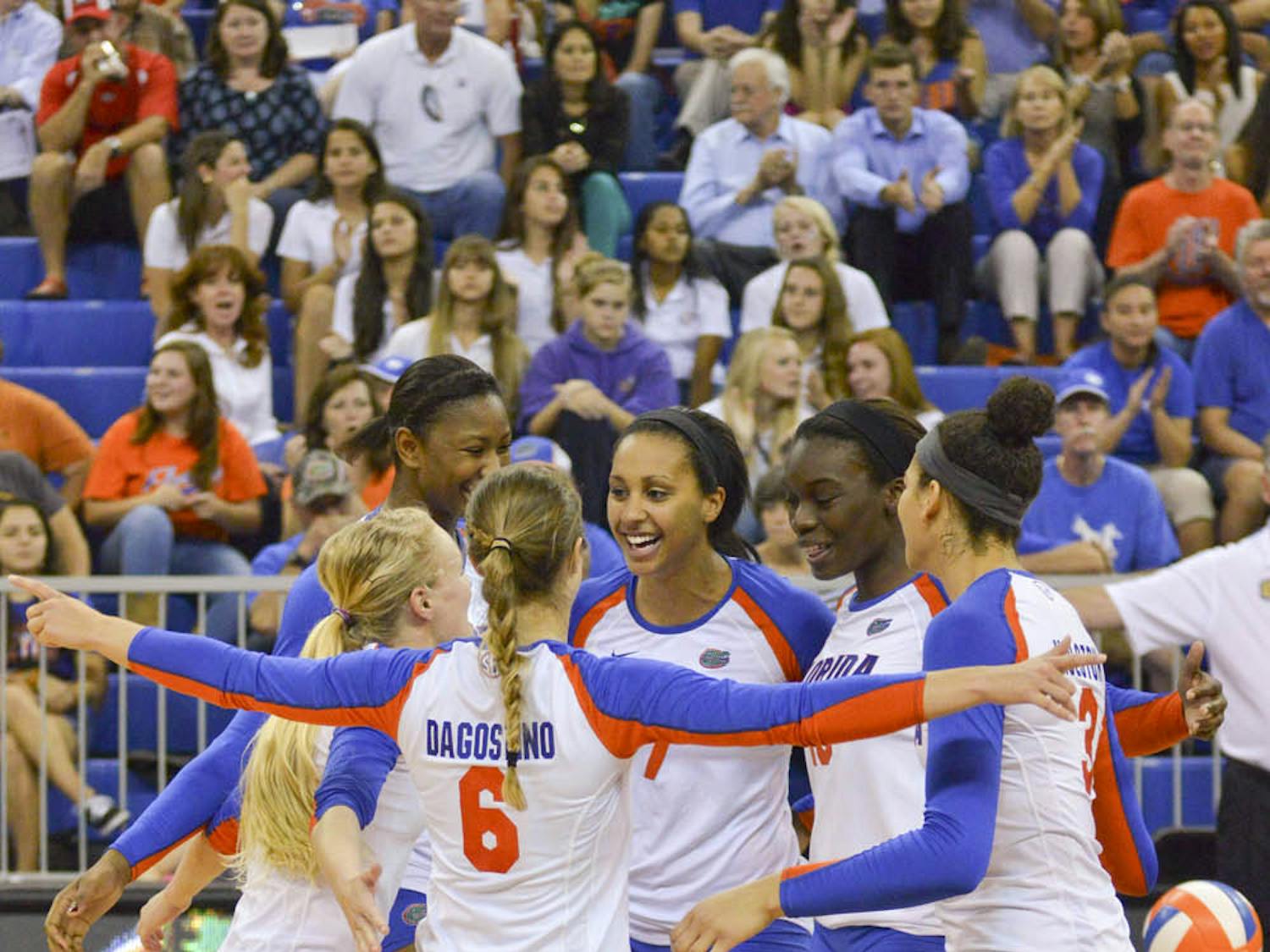 UF volleyball celebrates a point during Florida's 3-0 win against Texas A&amp;M.