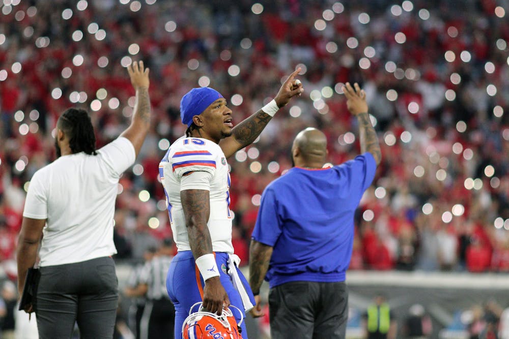 <p>UF quarterback Anthony Richardson looks to the stands at the end of the third quarter of the Florida-Georgia game Saturday, Oct. 29, 2022. </p>