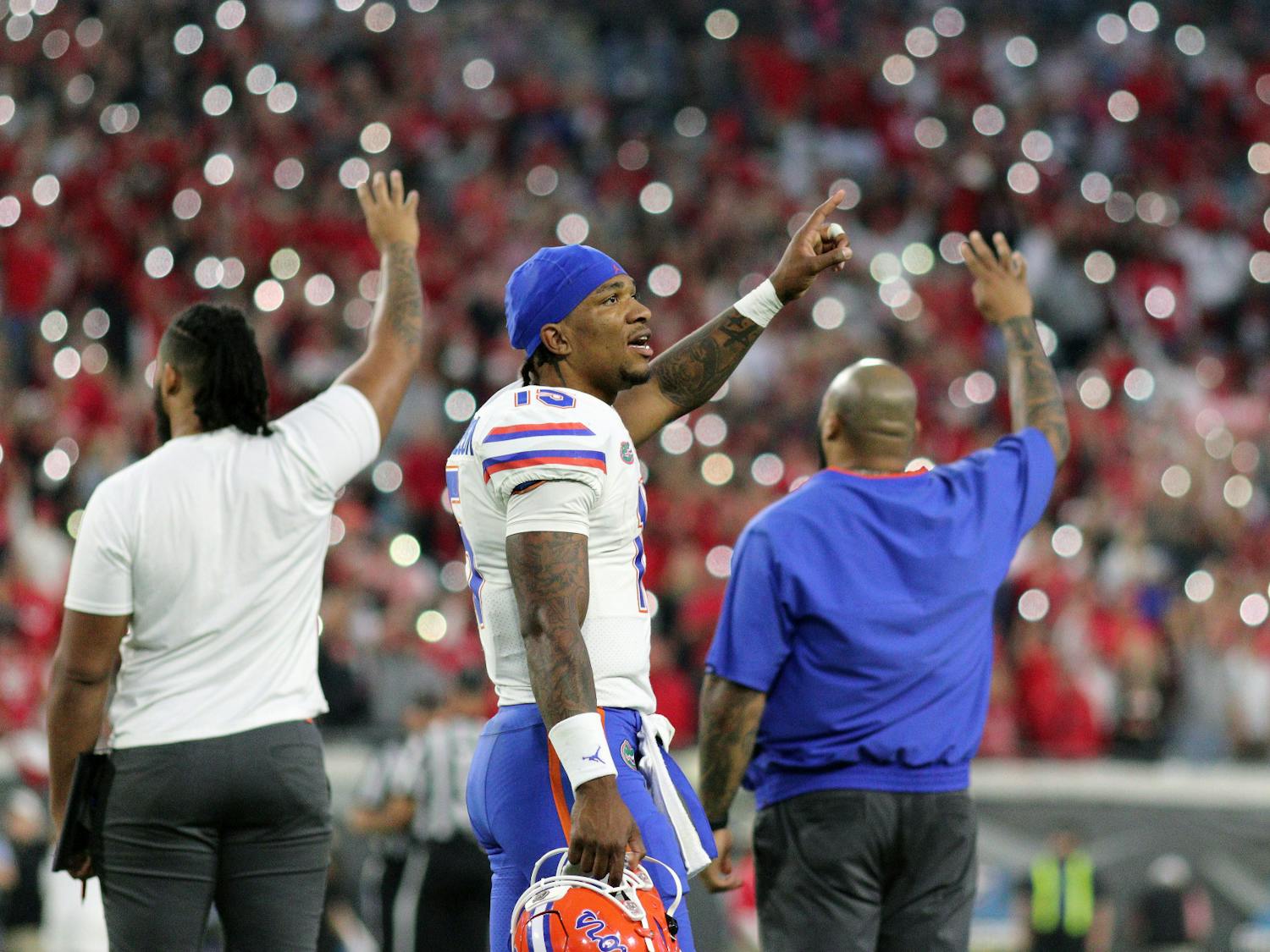UF quarterback Anthony Richardson looks to the stands at the end of the third quarter of the Florida-Georgia game Saturday, Oct. 29, 2022. 