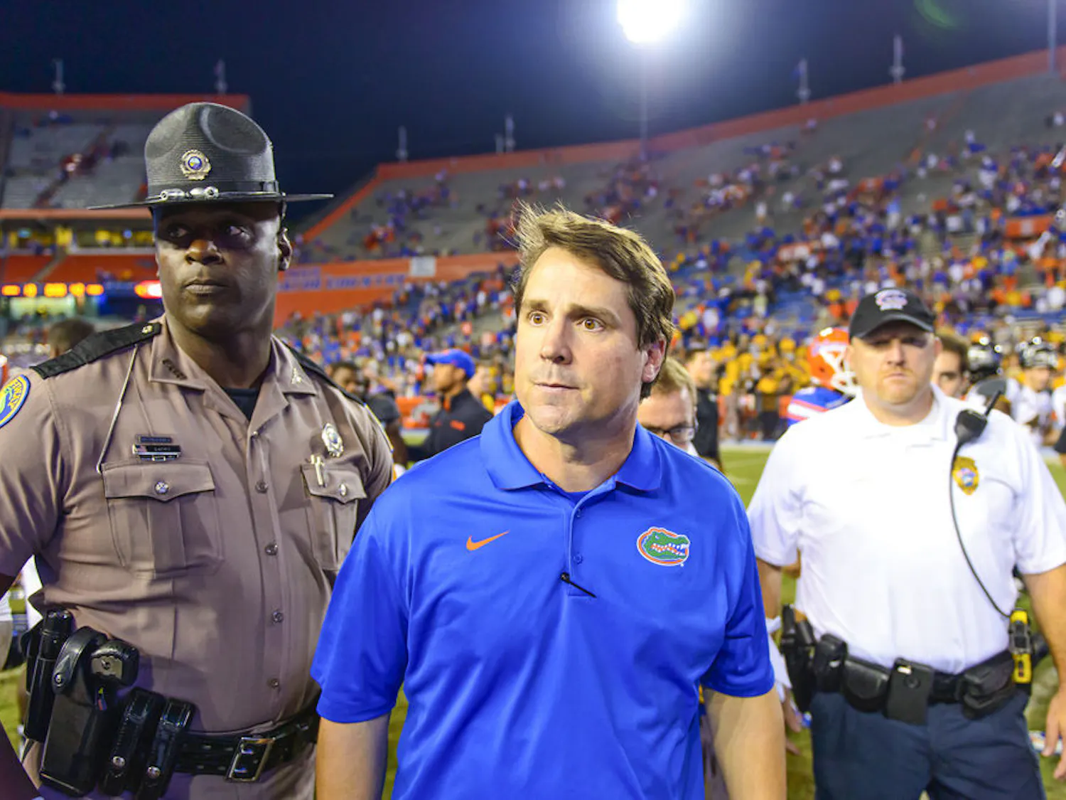 Will Muschamp walks off the field following Florida's 42-13 loss to Missouri on Oct. 18.