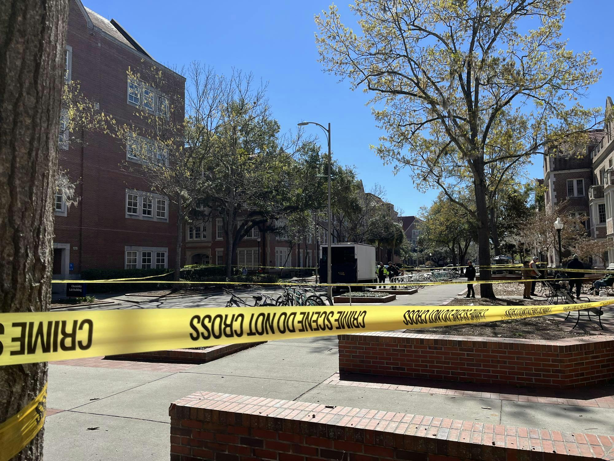 Gainesville Police Department officers investigate a pedestrian crash by Buckman Hall on campus on Monday, Feb. 23, 2026 in Gainesville, Fla.