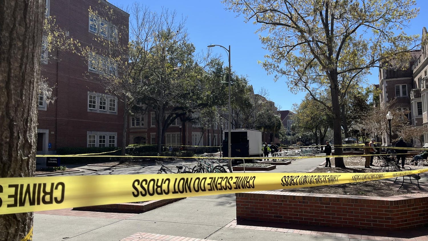 Gainesville Police Department officers investigate a pedestrian crash by Buckman Hall on campus on Monday, Feb. 23, 2026 in Gainesville, Fla.