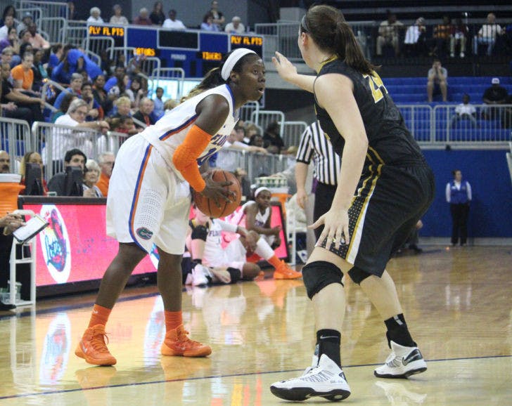 Jaterra Bonds looks to pass the ball during Florida’s 81-76 loss against Missouri on Feb. 20 in the O’Connell Center. UF will start the NCAA Tournament against Dayton on Sunday.