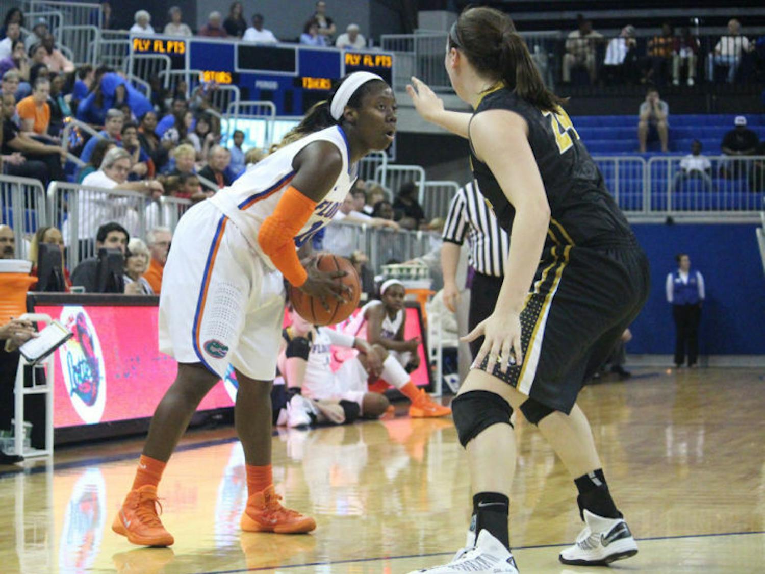 Jaterra Bonds looks to pass the ball during Florida’s 81-76 loss against Missouri on Feb. 20 in the O’Connell Center. UF will start the NCAA Tournament against Dayton on Sunday.