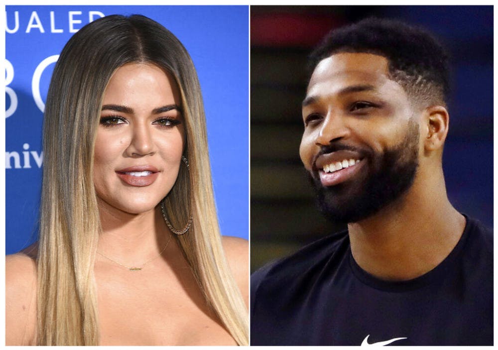 This combination photo shows TV personality Khloe Kardashian at the NBCUniversal Network 2017 Upfront in New York on May 15, 2017, left, and Cleveland Cavaliers' Tristan Thompson during an NBA basketball practice in Oakland, Calif., on May 30, 2018. Kardashian and Thompson have a nearly one-year-old daughter named True. (AP Photo)