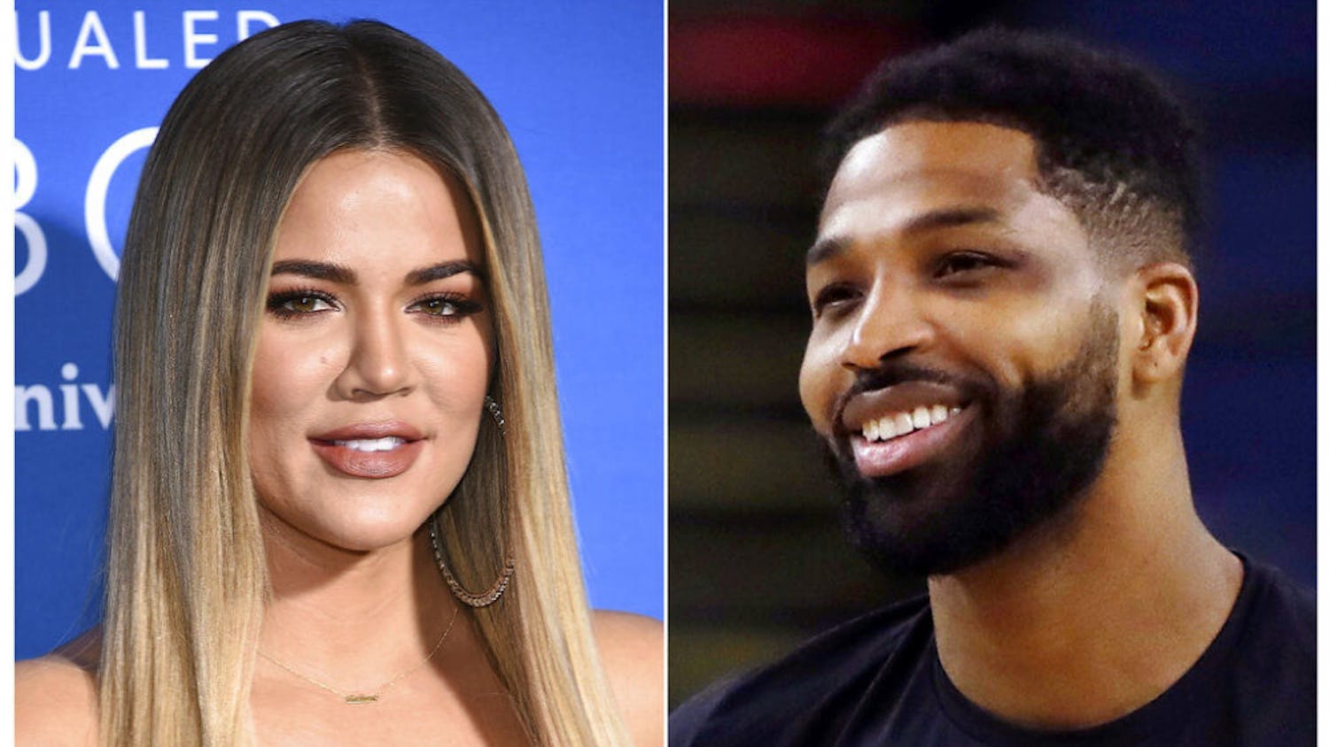 This combination photo shows TV personality Khloe Kardashian at the NBCUniversal Network 2017 Upfront in New York on May 15, 2017, left, and Cleveland Cavaliers' Tristan Thompson during an NBA basketball practice in Oakland, Calif., on May 30, 2018. Kardashian and Thompson have a nearly one-year-old daughter named True. (AP Photo)