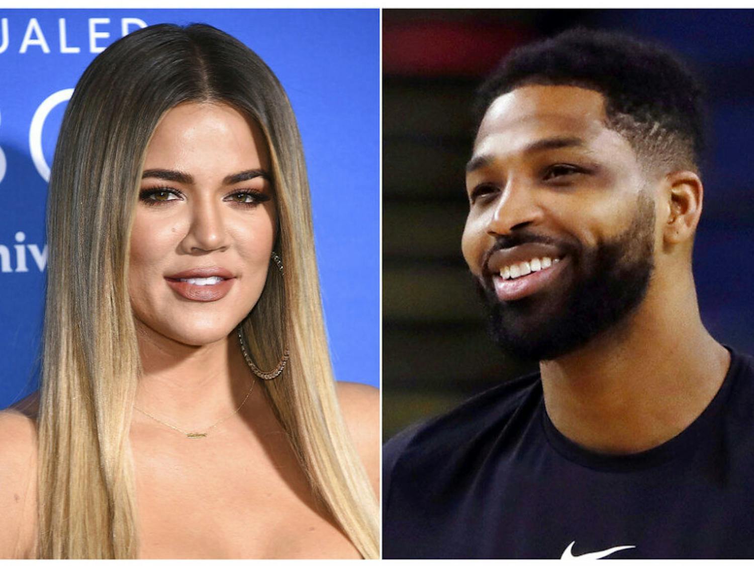 This combination photo shows TV personality Khloe Kardashian at the NBCUniversal Network 2017 Upfront in New York on May 15, 2017, left, and Cleveland Cavaliers' Tristan Thompson during an NBA basketball practice in Oakland, Calif., on May 30, 2018. Kardashian and Thompson have a nearly one-year-old daughter named True. (AP Photo)