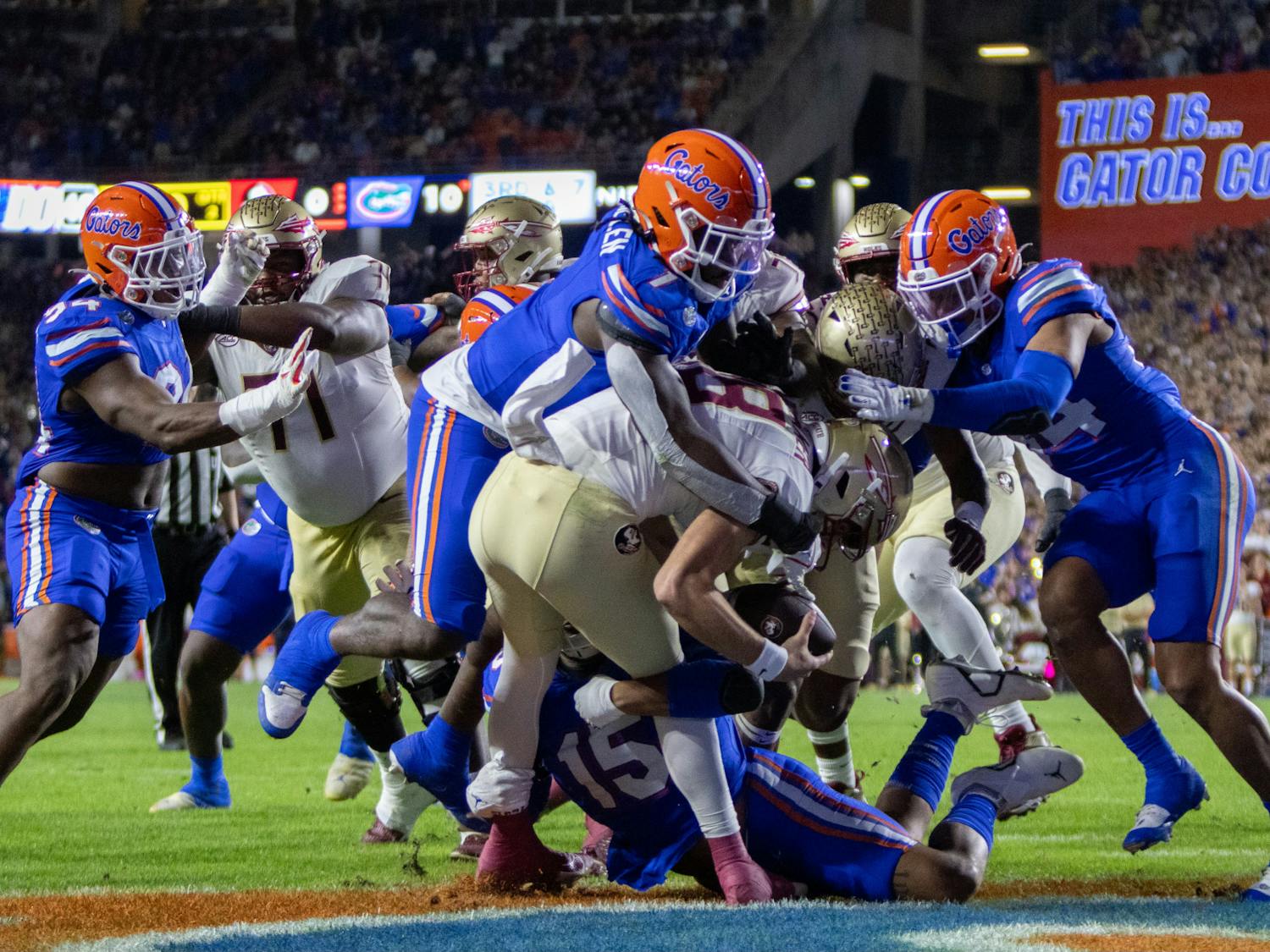 The Gators' defense sacks FSU quarterback Tate Rodemaker in the endzone for a safety in Florida's 24-15 loss to the Florida State Seminoles on Saturday, Nov. 25, 2023.