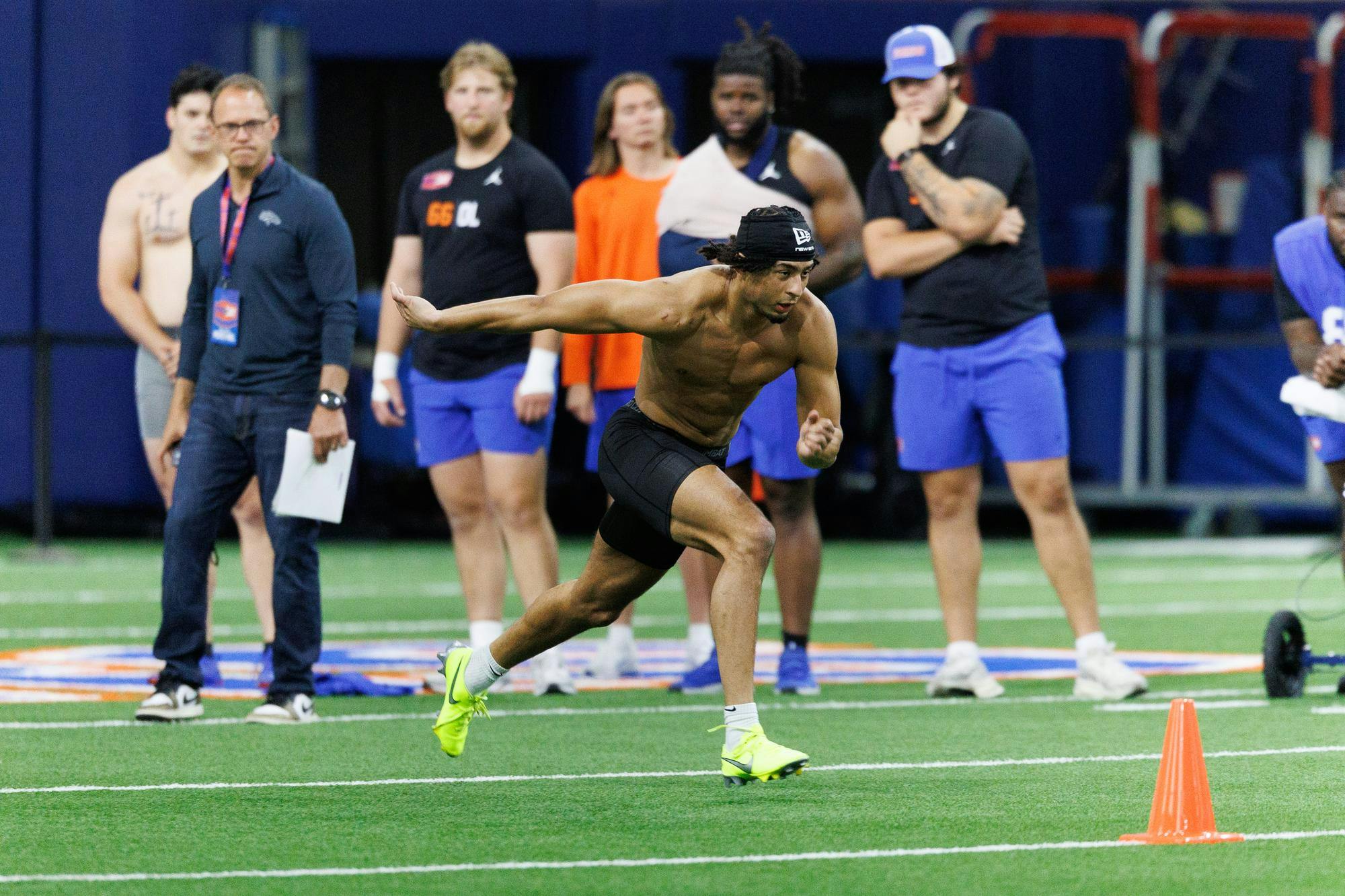 Florida defensive back Devin Moore runs the 40 yard dash during Pro Day at the Heavener Football Training Center in Gainesville, Fla., Thursday, March 26, 2026.