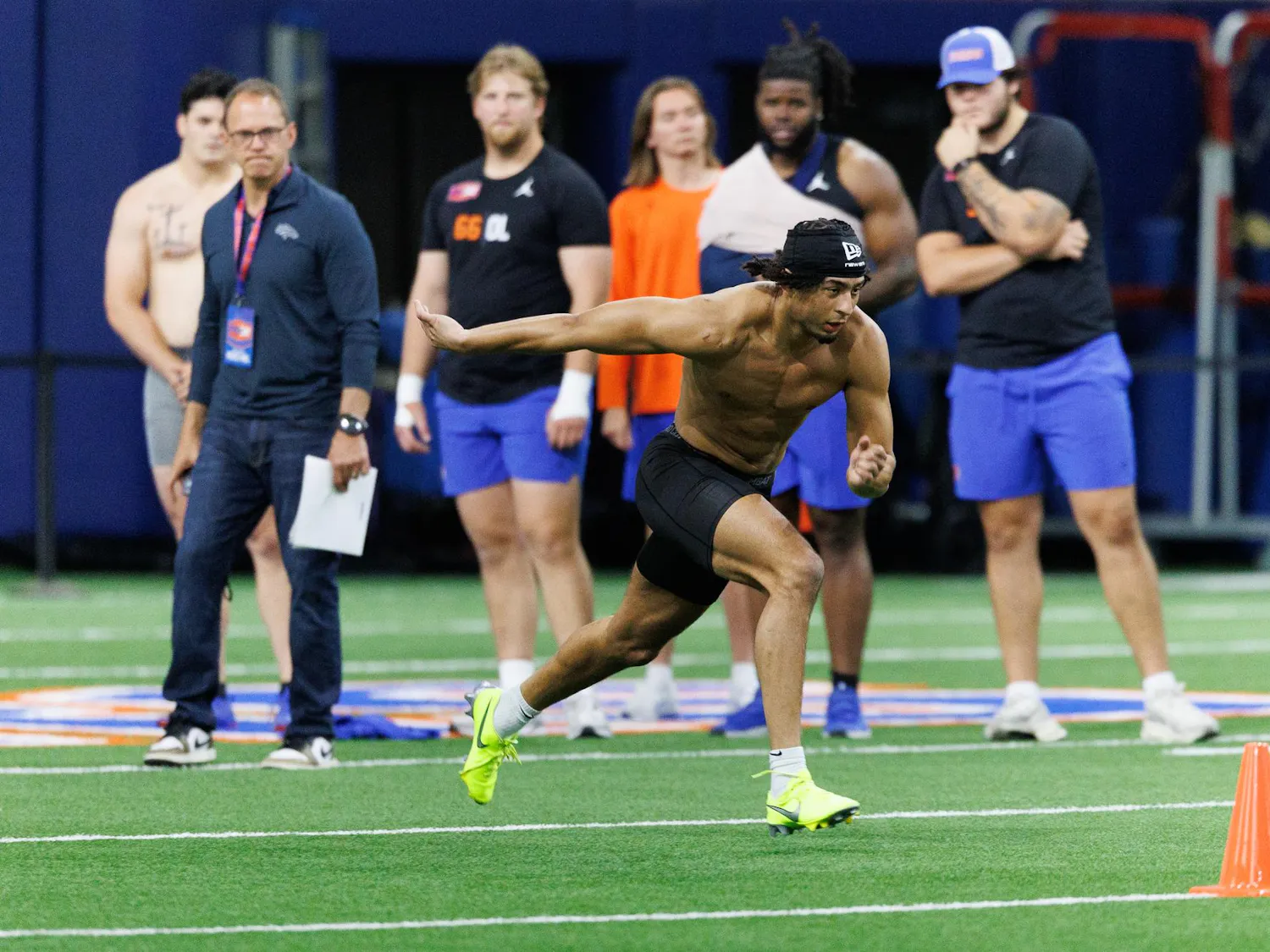 Florida defensive back Devin Moore runs the 40 yard dash during Pro Day at the Heavener Football Training Center in Gainesville, Fla., Thursday, March 26, 2026.