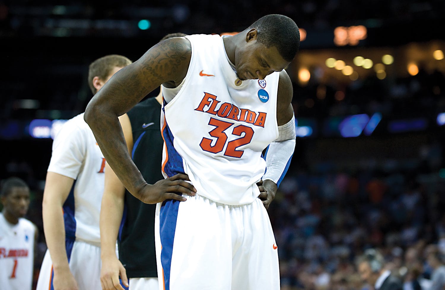 Florida senior center Vernon Macklin hangs his head after the Gators fell 74-71 in overtime to Butler on Saturday in New Orleans Arena. UF was one win away from the Final Four but couldn’t overcome the Bulldogs.