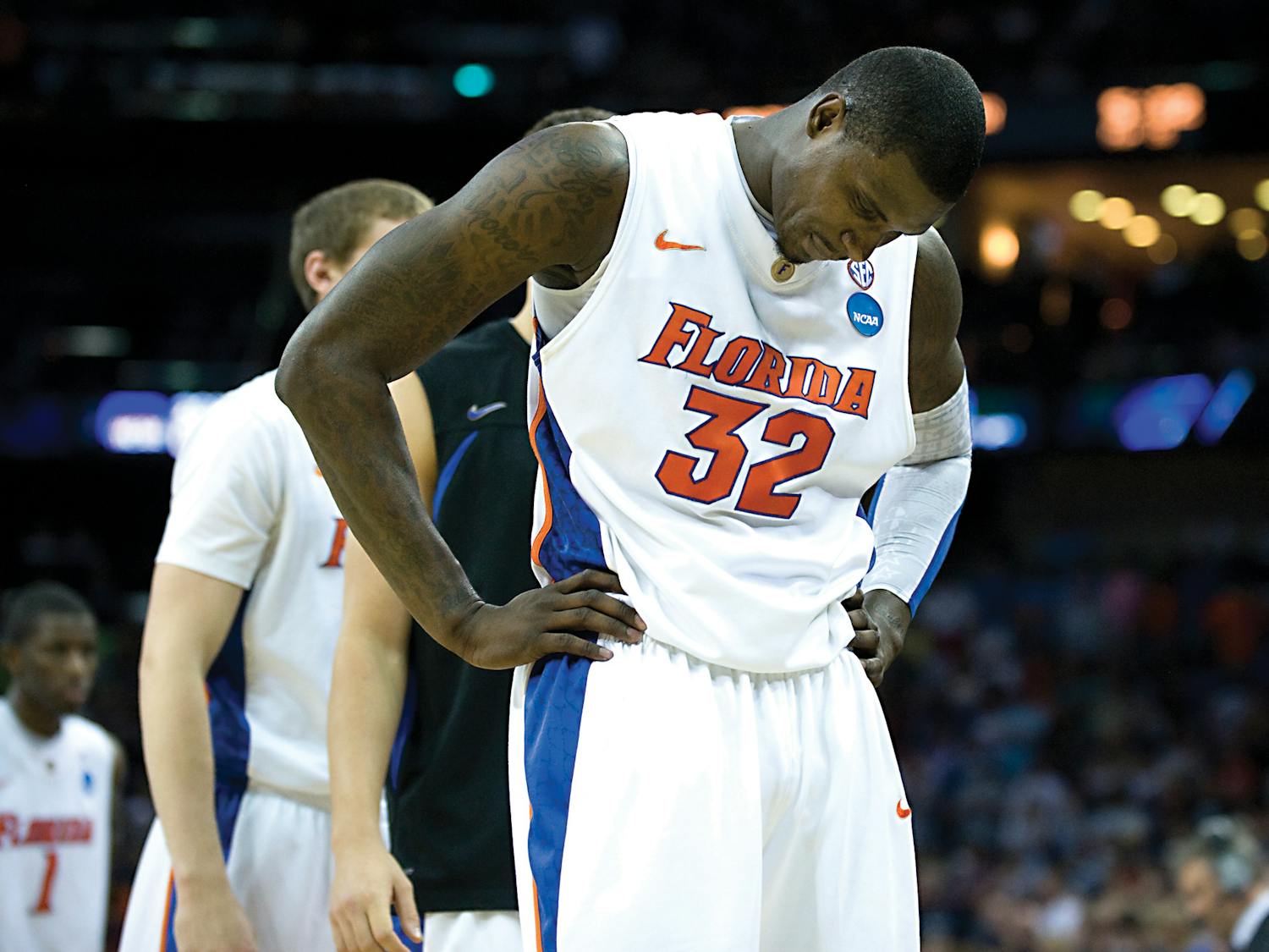 Florida senior center Vernon Macklin hangs his head after the Gators fell 74-71 in overtime to Butler on Saturday in New Orleans Arena. UF was one win away from the Final Four but couldn’t overcome the Bulldogs.