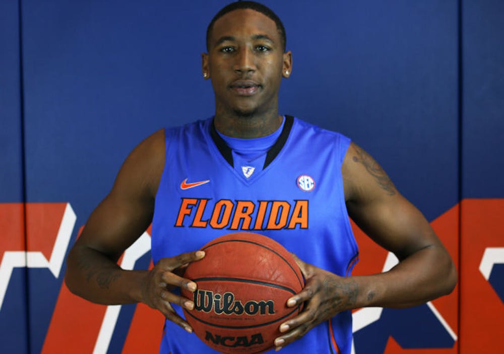 <p>Damontre Harris poses during Florida’s basketball media day. Harris was dismissed from the team on Dec. 21. Billy Donovan said Harris was re-enrolled at UF this semester and has a possibility of returning to the team after this season.</p>