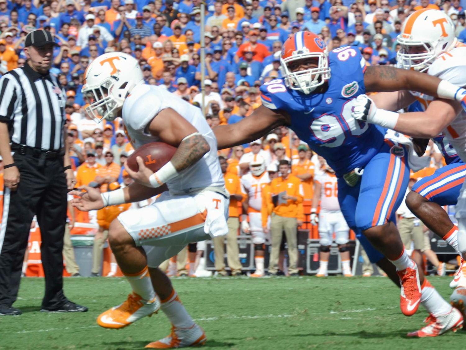 UF defensive lineman Jon Bullard (90) goes for a tackle during Florida's 28-27 win against Tennessee on Sept. 26, 2015, at Ben Hill Griffin Stadium.