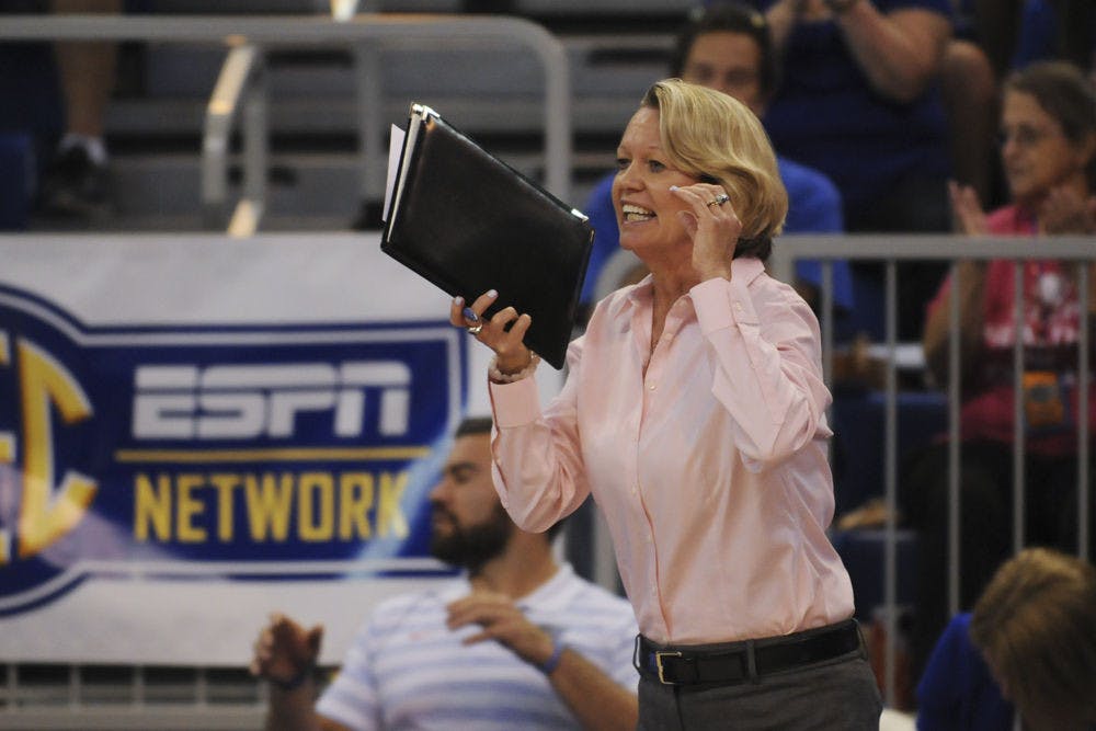 UF coach Mary Wise calls out instructions during Florida's 3-0 win against Auburn on Oct. 11, 2015, in the O'Connell Center. On Friday, Wise earned her 800th win as the coach of the Gators.