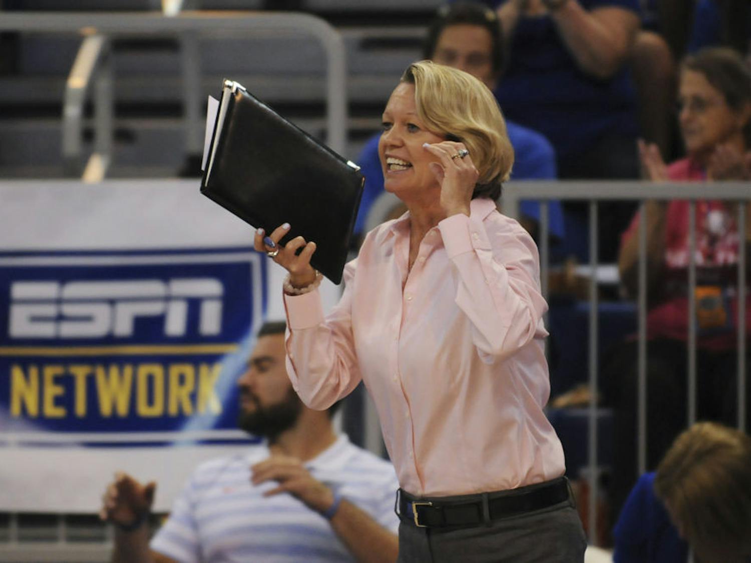 UF coach Mary Wise calls out instructions during Florida's 3-0 win against Auburn on Oct. 11, 2015, in the O'Connell Center. On Friday, Wise earned her 800th win as the coach of the Gators.