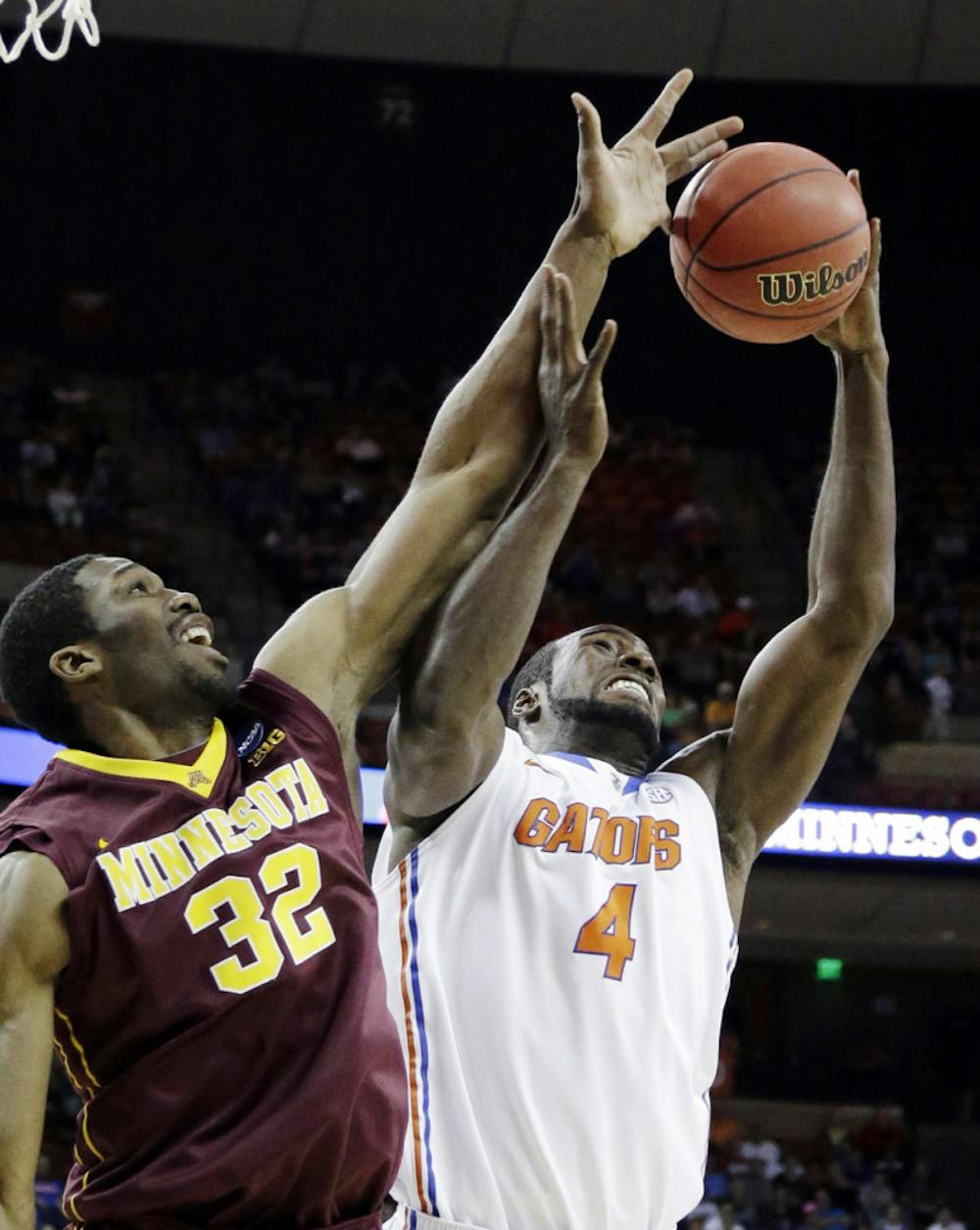 <p class="p1">Center Patric Young pulls down a rebound during Florida’s 78-64 win against Minnesota on March 24 in Austin, Texas. Young had surgery to remove a bone spur in his right ankle on Friday.</p>