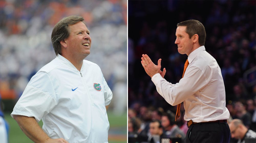 <p>Jim McElwain (left) and Mike White received contract extensions and raises on Friday afternoon. McElwain's new deal runs through 2022, while White's runs through 2023.</p>