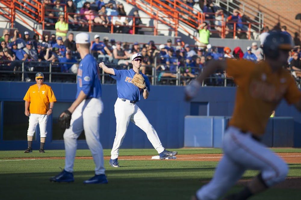 <p>UF infielder Christian Hicks throws to first on a ground ball during Florida's 3-2 loss in 10 innings to Tennessee on April 8, 2017, at McKethan Stadium.</p>