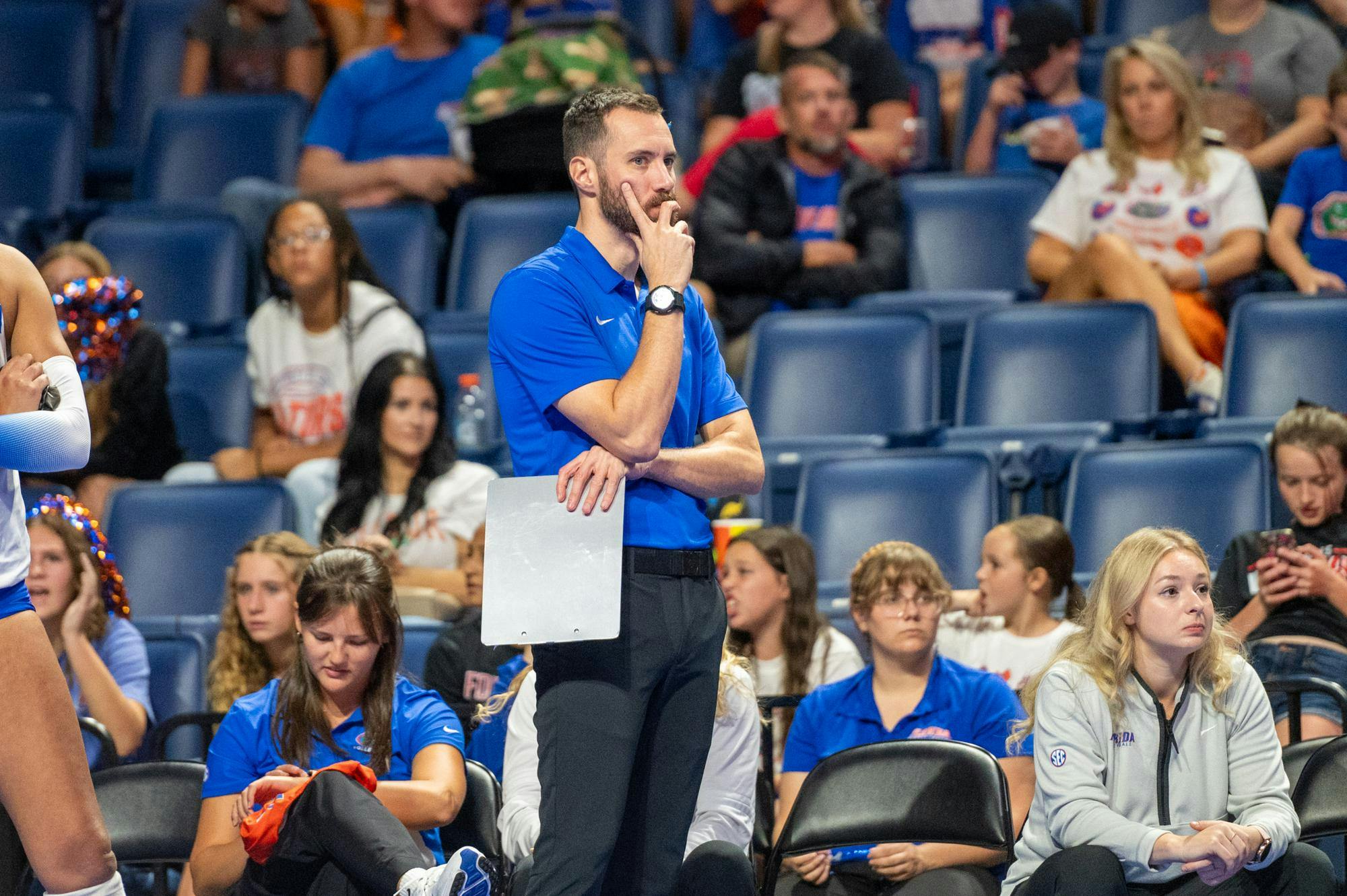 Florida Gators assistant coach Ryan Walthall watches his team in a volleyball match against the Mississippi State Bulldogs on Friday, Sept. 26, 2025, in the O’Connell Center in Gainesville, Fla.