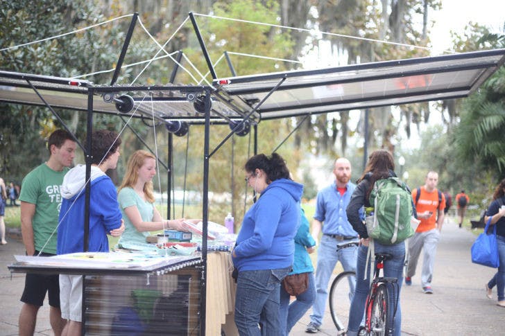 Sustainable UF has a new solar-powered hut, used to play games with students and educate them about environmental sustainability. The hut is made of reclaimed wood and locally sourced steel and pulled by a bike.