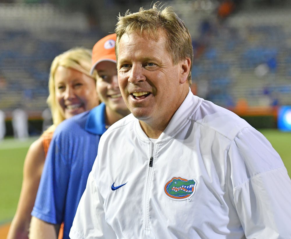 <p><span id="docs-internal-guid-9f4beda0-786f-33f7-f050-159a696bf7b3"><span>Jim McElwain leaves the field after UF's 32-0 win over North Texas on Sept. 17 at Ben Hill Griffin Stadium.</span></span></p>