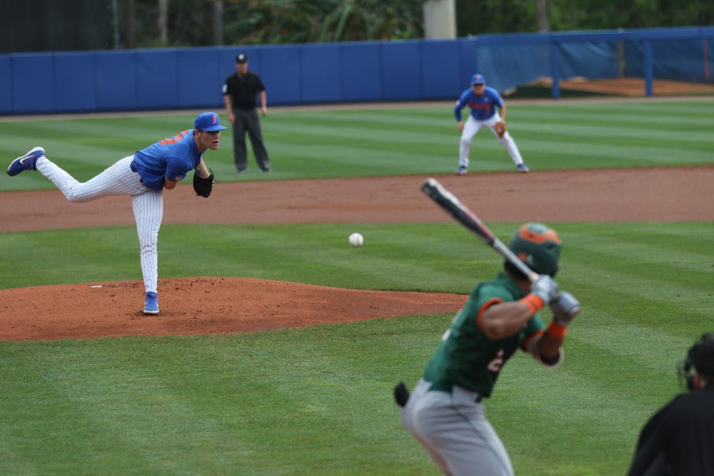<p>Jack Leftwich (left) pitched seven innings and threw seven strikeouts in UF's 13-5 victory over Army on Saturday.</p>